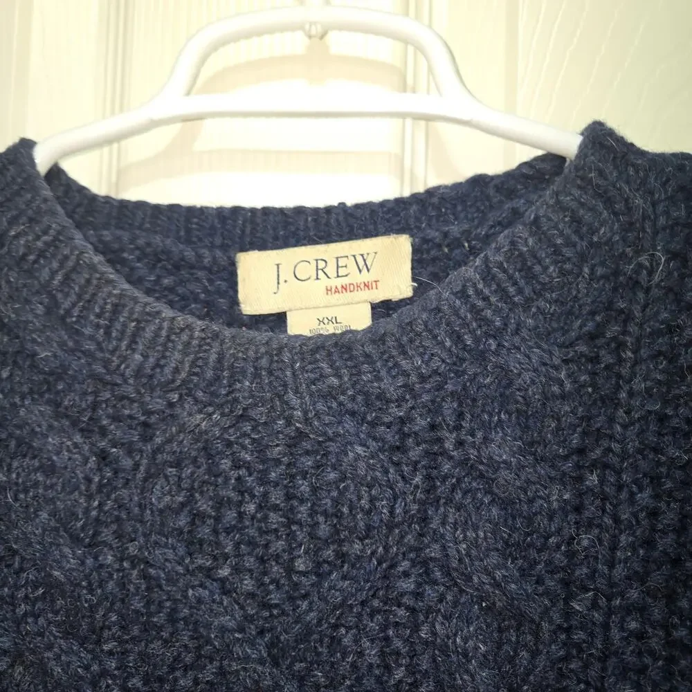 J.Crew Handknit 100% Wool Cable Knit Crewneck Sweater XXL Navy